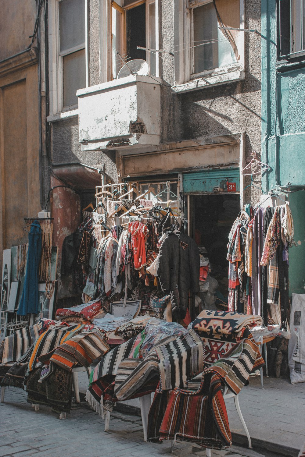 clothes hanged on clothes line on store