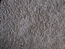 A close-up view of a textured, plush carpet with dense, fibrous strands in a neutral beige color.