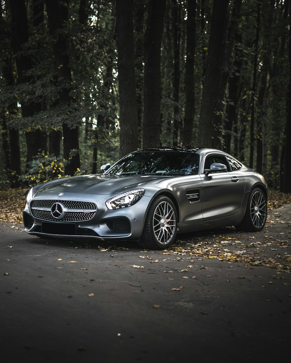 black mercedes benz coupe parked on forest during daytime