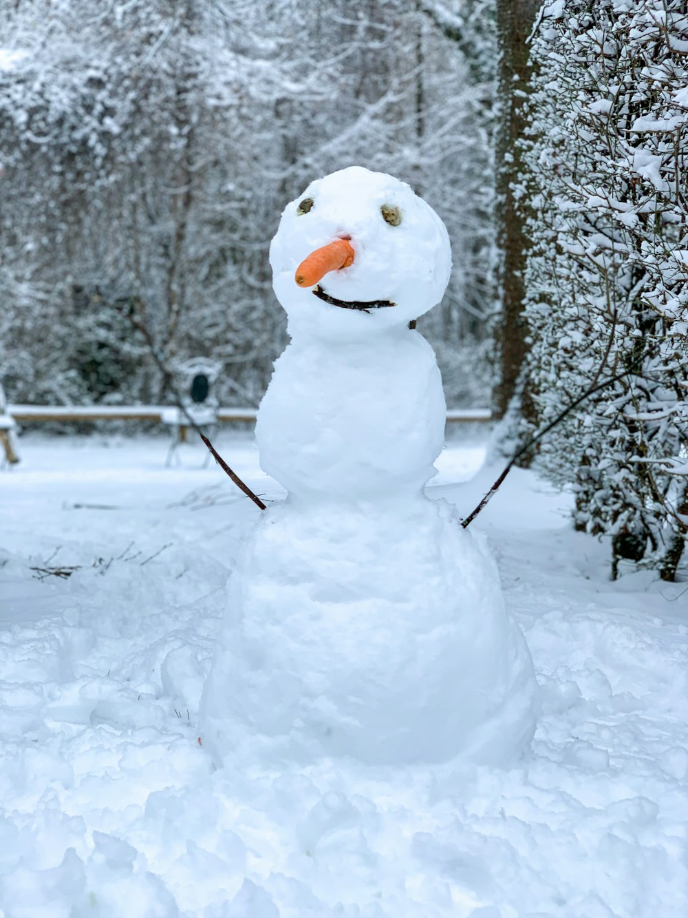 昼間の雪に覆われた地面の雪だるま