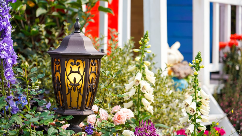 black and gold candle lantern on white and pink flowers