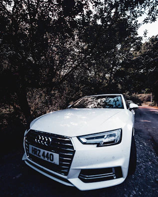 A white sedan parked on a country road, its paint gleaming after a thorough wash.