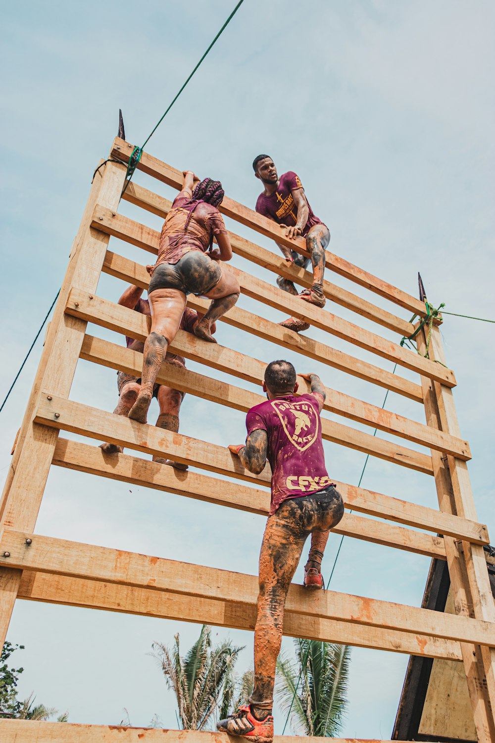 3 men climbing on brown wooden ladder during daytime