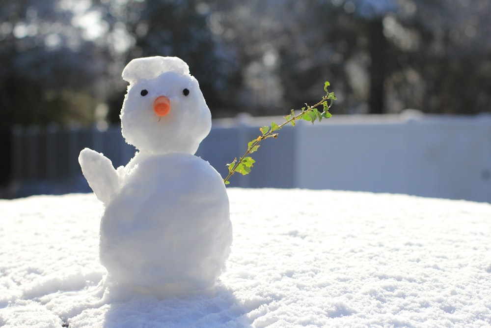 bonhomme de neige blanc sur un sol enneigé pendant la journée