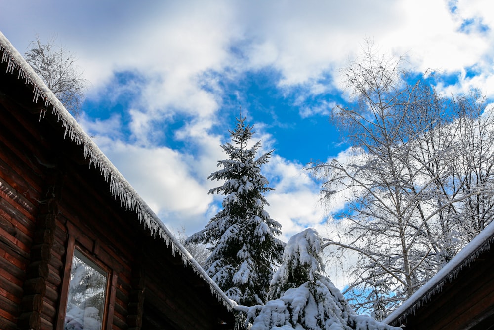 brown wooden house on snow covered ground under blue and white cloudy sky during daytime