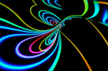 A dynamic video still showing vibrant neon blue and red lights swirling around a digital art installation.