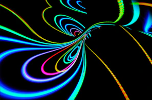 A vibrant video still showing fluid motion of abstract shapes in bright neon colors