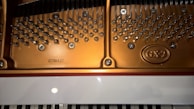 The image displays the interior mechanics of a piano, highlighting the shiny metal pins, strings, and tuning pegs against the gold-colored frame. The serial number 2739127 and the model marking 'GX-2' are visible on the frame. Below, a portion of the keyboard is partially visible, with white and black keys aligned in parallel.