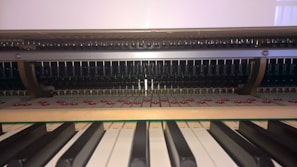 Detailed view of the internal mechanism of a piano, showcasing the hammers, strings, and keyboard in close proximity. The arrangement of mechanical components is visible, highlighting the intricate design.