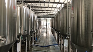 Large stainless steel fermentation tanks are lined up in a brewery or industrial facility. The tanks have measurement markings and some are numbered. The flooring is made of concrete, and there are hoses and pipes leading to the tanks. Overhead, there is bright lighting and a metal roof structure.