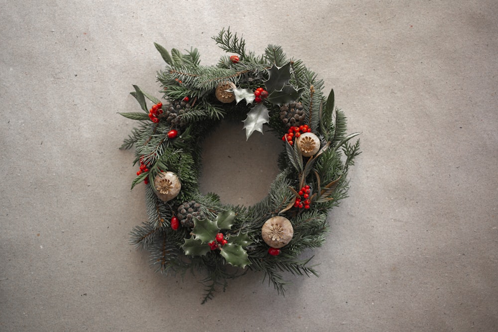 green and brown wreath with baubles