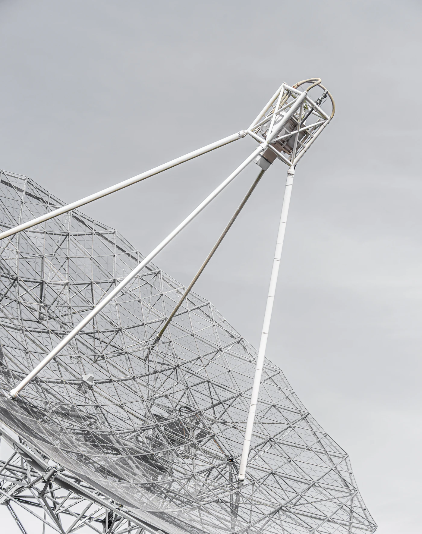 White satellite communication dish against a blue sky