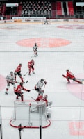 A group of ice hockey players are in the middle of a game on the ice rink. Some players are wearing red uniforms while others are in white, engaging in an intense moment near the goal. The goalie in red is positioned to block a shot from the opposing team. The audience is visible in the background, seated in the stands.