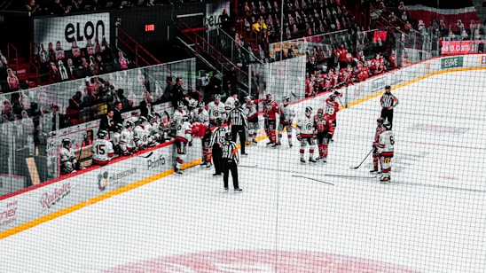 A group of hockey players and fans gathered at the rink, sharing laughs and high-fives.