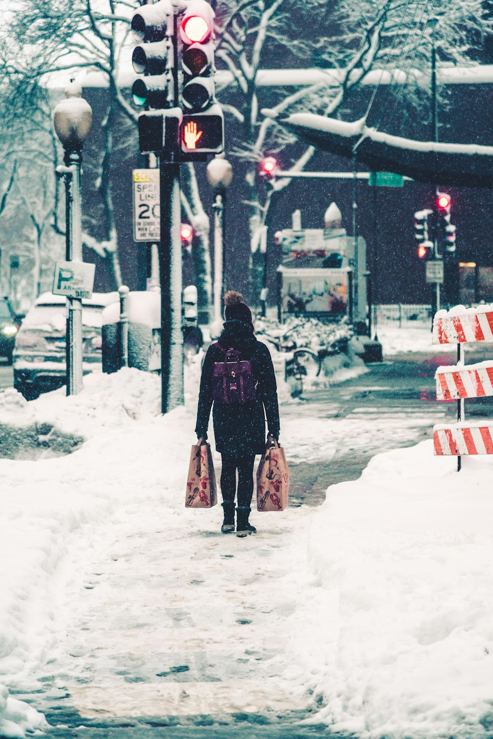 woman in black coat walking on snow covered road during daytime