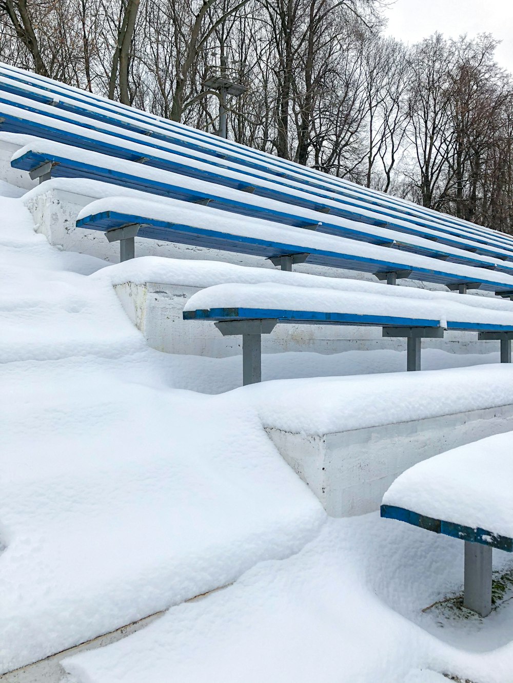 snow covered wooden bench during daytime