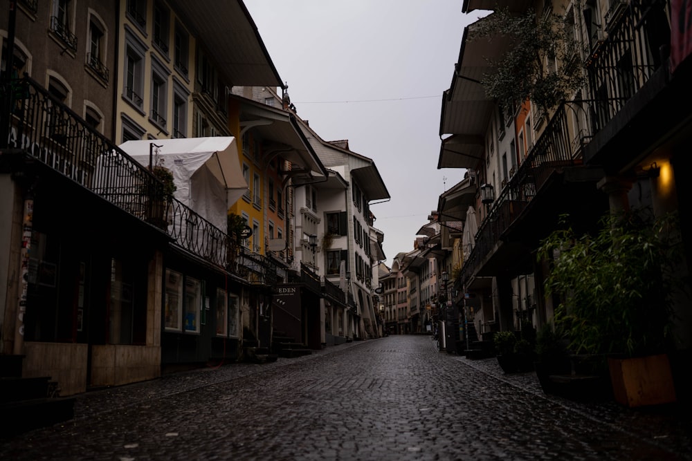 a cobblestone street in a european city