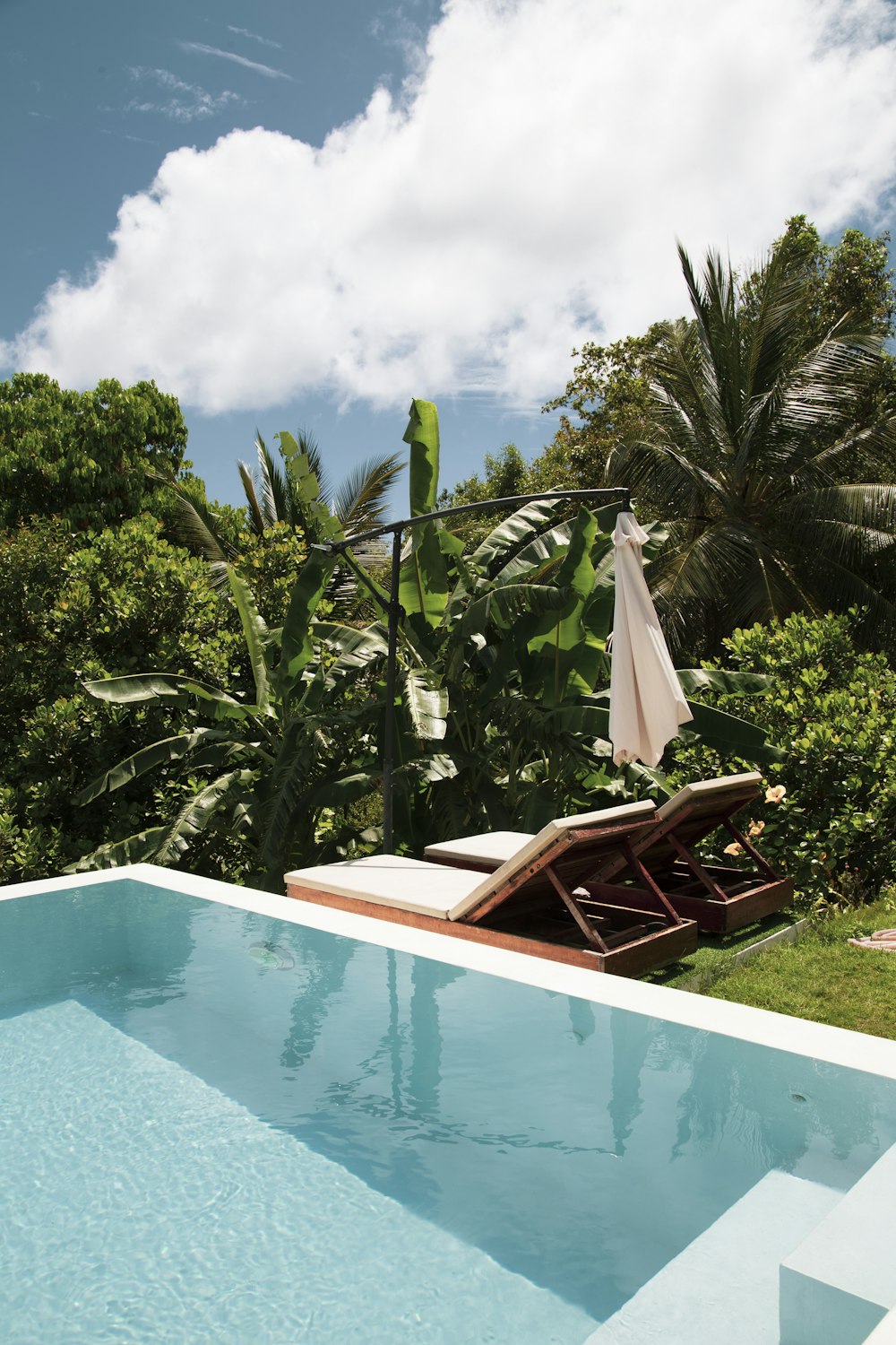 white and red lounge chairs beside swimming pool during daytime