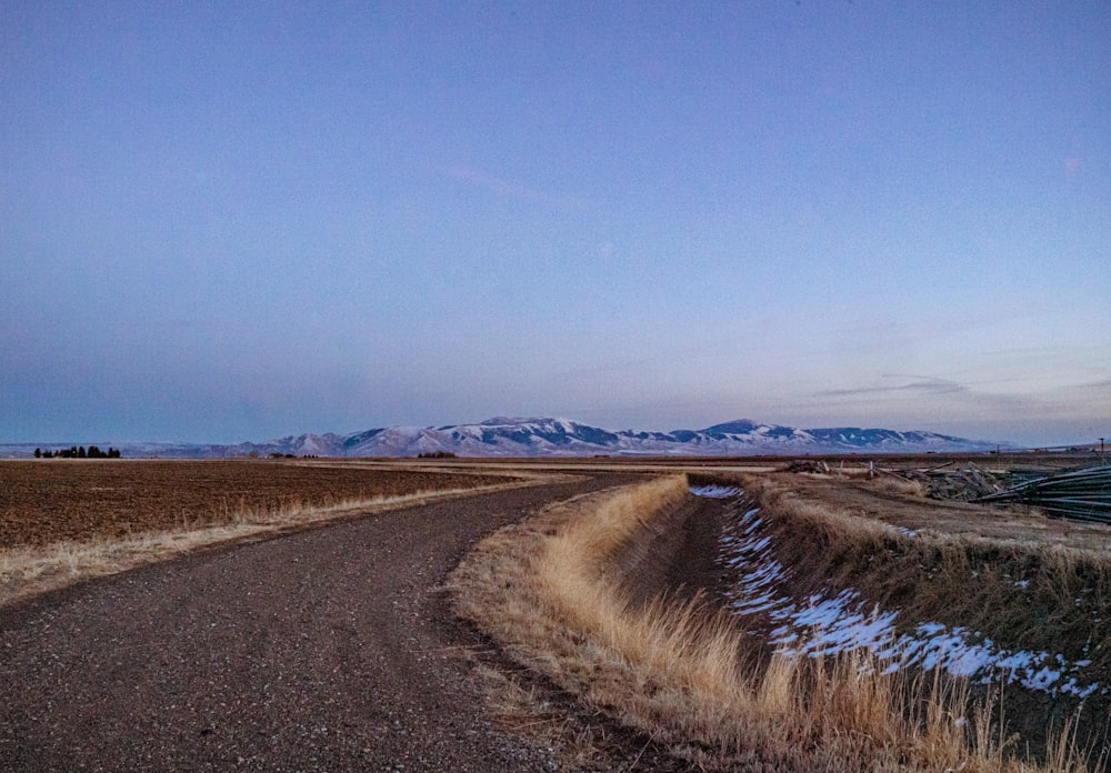 brown dirt road beside body of water under blue sky during daytime