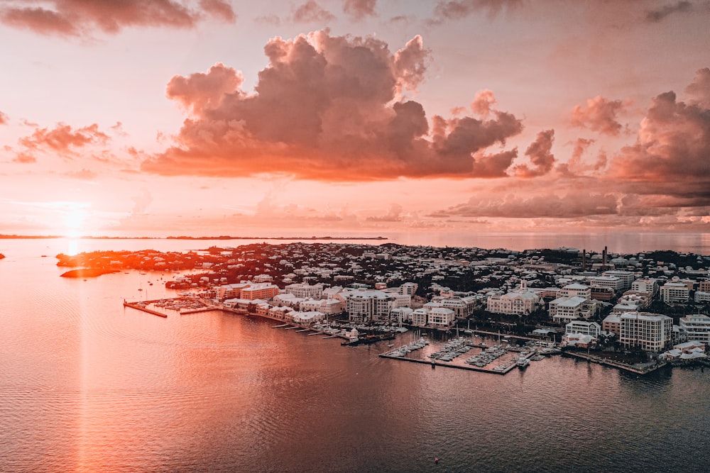 aerial view of city buildings during sunset