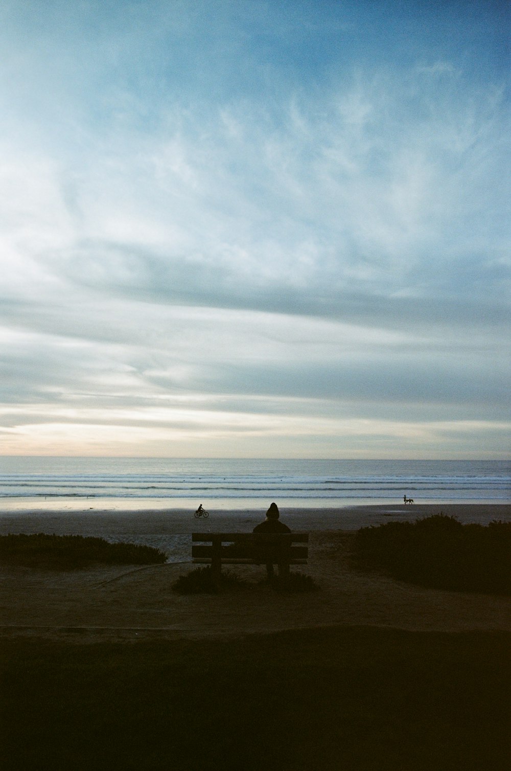 silhouette of man sitting on bench on seashore during sunset