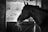 A black and white image features a horse from a side profile, standing near a wooden door. The horse holds hay in its mouth, and natural light comes from the background, illuminating part of the scene.