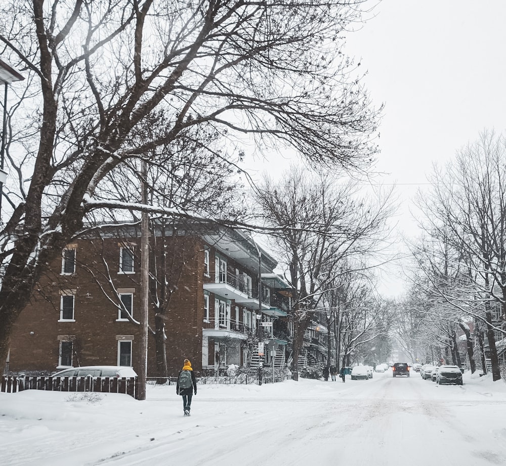 Persona in giacca nera che cammina sulla strada coperta di neve durante il giorno