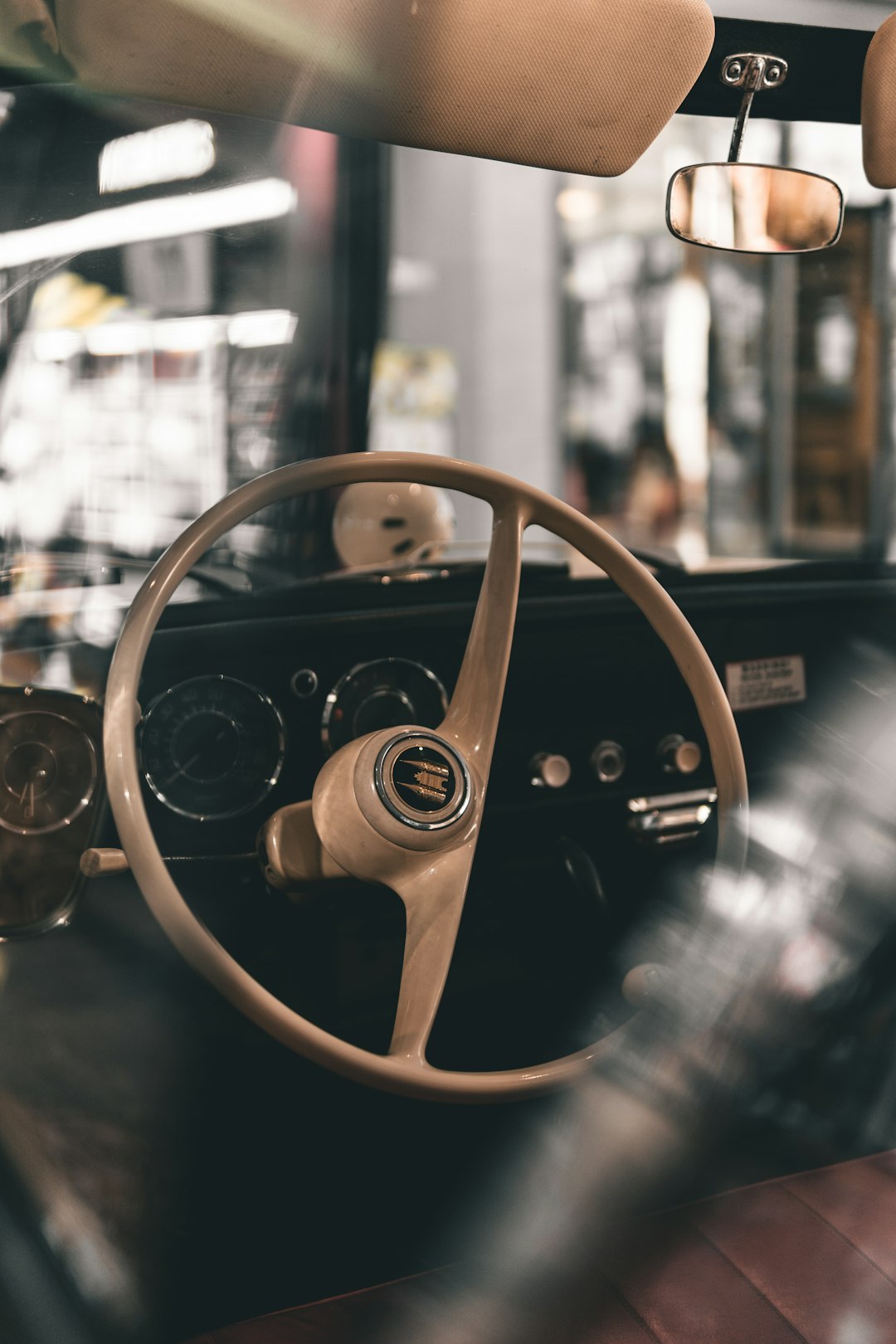 brown steering wheel in tilt shift lens