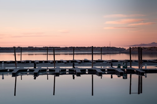 A friendly technician inspecting a seawall near a calm marina at sunset.