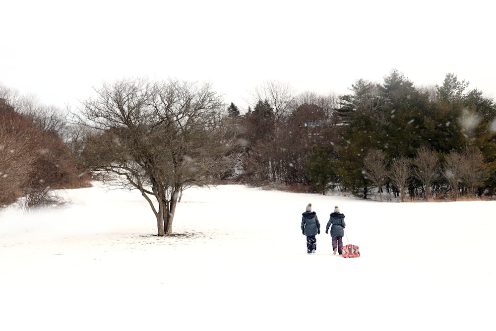 2 person walking on snow covered ground during daytime