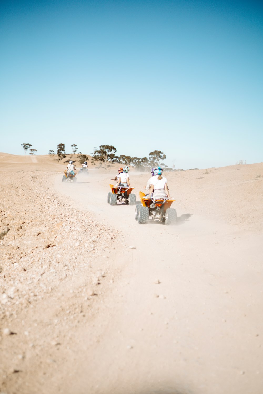 昼間、茶色の砂浜をバイクで走る人々