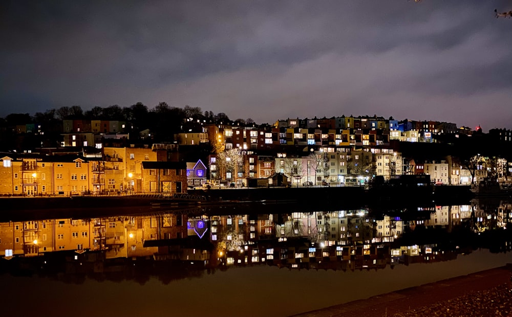 city skyline during night time