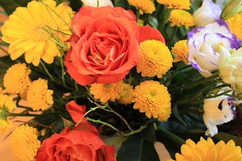 A vibrant bouquet of flowers featuring prominently blooming red roses, surrounded by clusters of bright yellow chrysanthemums and soft white flowers tinged with purple edges. The arrangement is lush and full, set against a backdrop of rich green foliage.