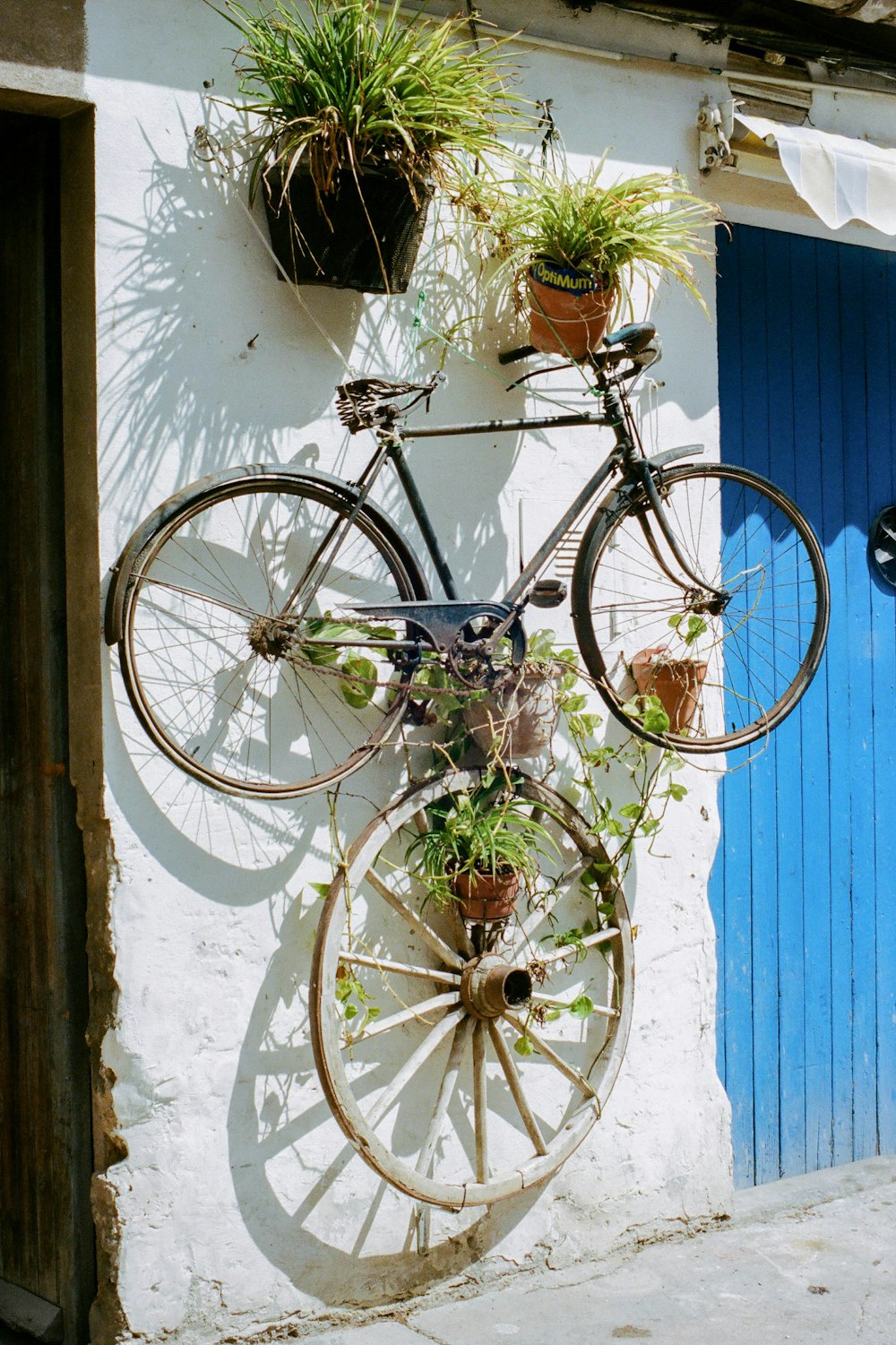 blue city bike on white wall