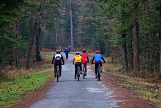 Group of friends cycling together on a forest trail surrounded by autumn colors.