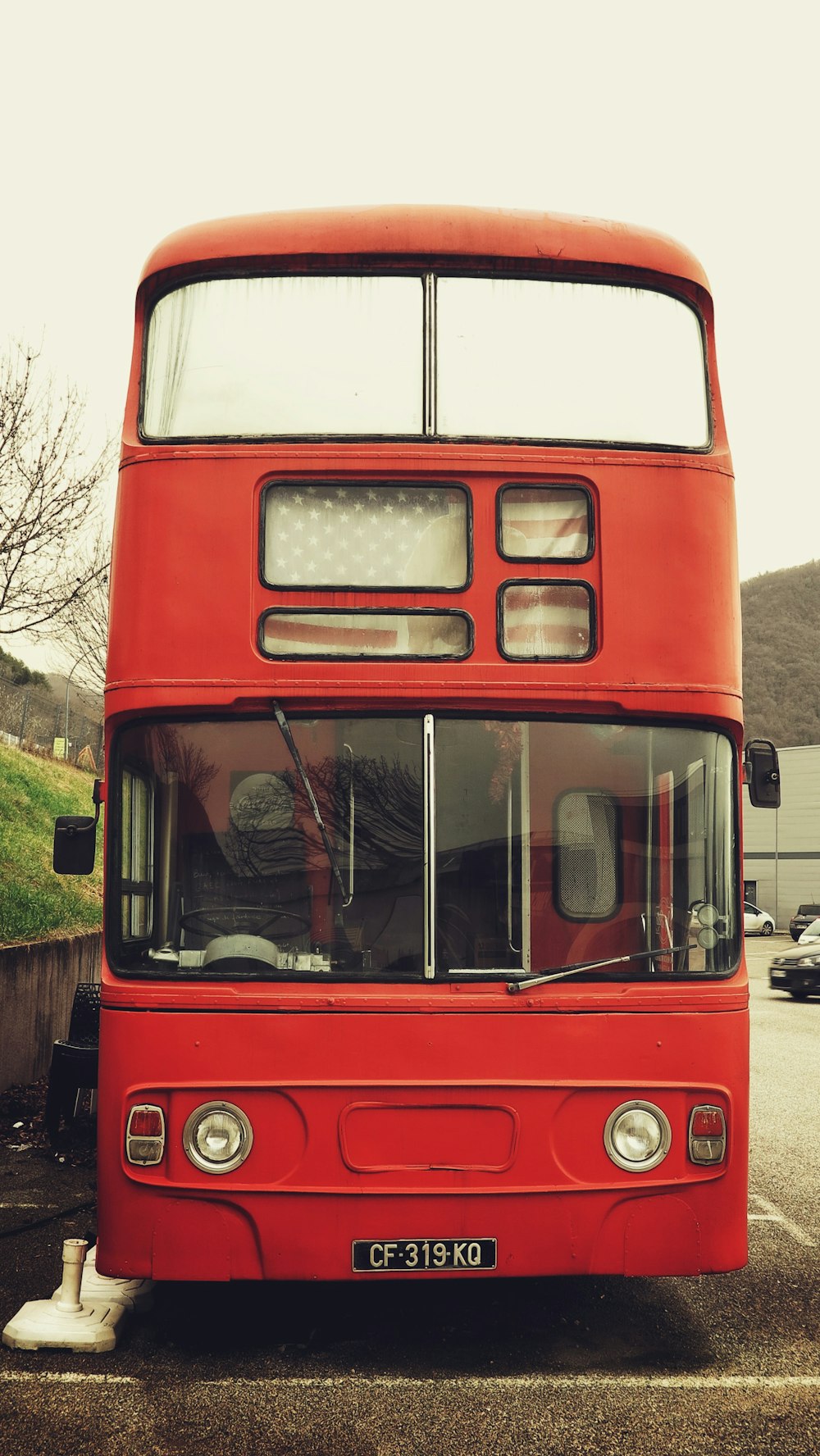 red and white bus near green trees during daytime