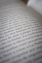 A close-up view of text on a book page, showing several lines of Spanish writing in black ink on white paper. The camera focus creates a soft blur effect on parts of the text.