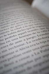 Close-up of a bilingual contract with English and Spanish text side by side on a wooden desk.