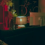 Cozy workspace interior with warm lighting and plants