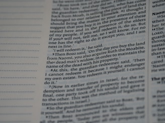 A close-up of a page from a book with text printed in two columns. The text includes highlighted words and a clear margin with bullet points on the left.