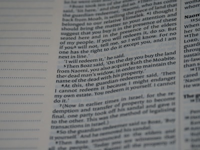 A close-up of a page from a book with text printed in two columns. The text includes highlighted words and a clear margin with bullet points on the left.