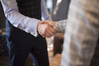 A close-up of hands shaking in a business agreement.