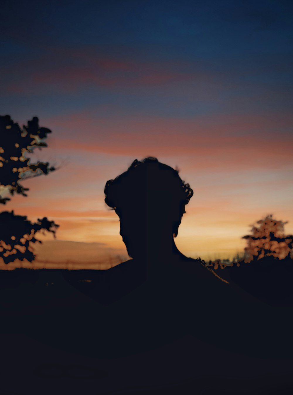 silhouette of woman standing near tree during sunset