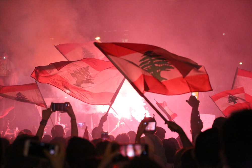 people raising flags during night time