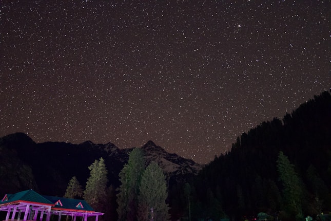 A starry night sky above a landscape featuring mountains and a dense forest. The silhouettes of the mountains and trees are visible against the night sky, with a small building lit up with colorful lights visible in the foreground.