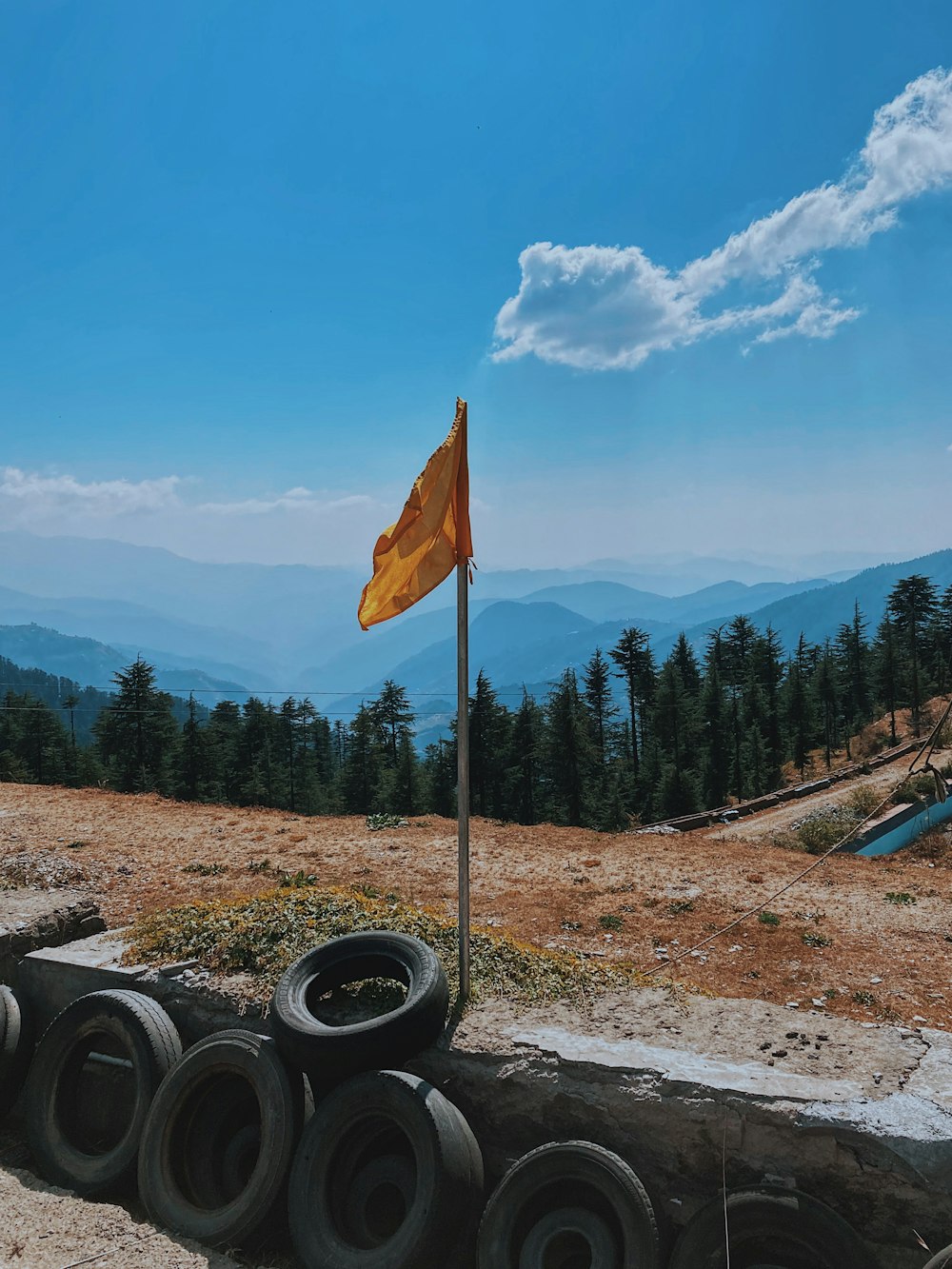 yellow and blue flag on pole near green trees under blue sky during daytime