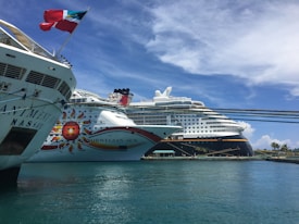 Three large cruise ships are docked side by side in a port. The ships display vibrant designs, with one showing a sun graphic on its hull. The water is calm and reflects the ships, while a clear blue sky stretches overhead. A small palm tree can be seen on the right edge of the image.