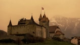 A historic stone castle with tall towers and a Swiss flag flying atop one of the spires, set against a misty backdrop of snow-capped mountains. The landscape around the castle is composed of bare trees and the rooftops of nearby houses.