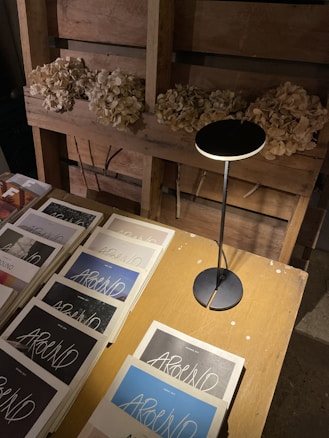 A table is set against a wooden backdrop adorned with dried flowers. On the table, there is a collection of magazines or books titled 'AROUND', featuring various cover designs. A sleek, modern lamp casts light over the scene.
