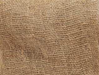 A close-up view of a brown burlap sack, highlighting its coarse and textured weave. The natural fibers create a rough surface pattern, characteristic of the rustic and utilitarian material.